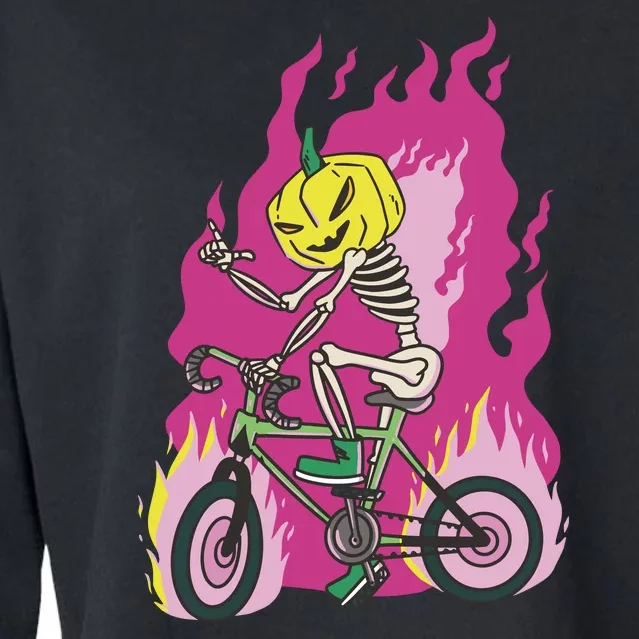 Pumpkin Skull Bike Rider Flame Cropped Pullover Crew