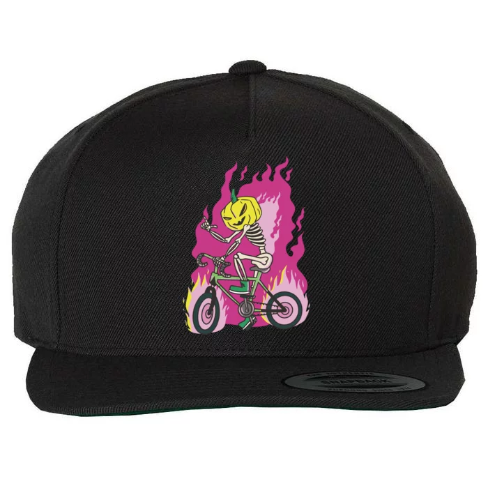 Pumpkin Skull Bike Rider Flame Wool Snapback Cap