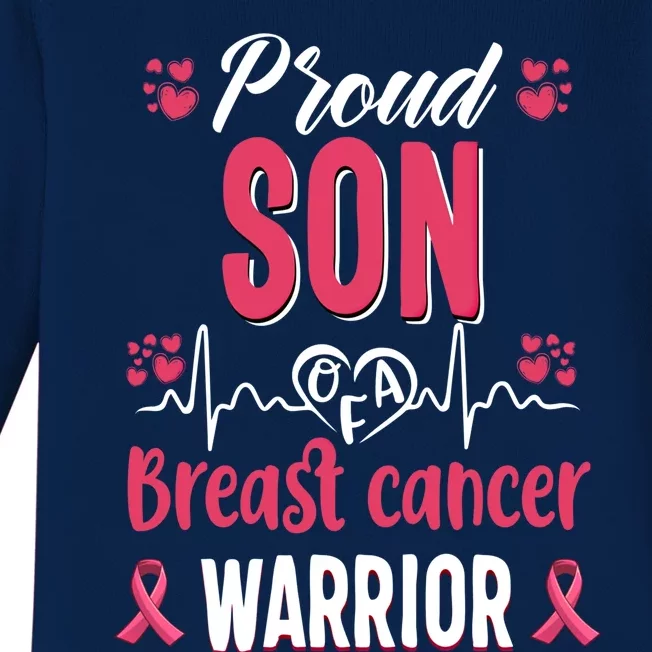 Proud Son Breast Cancer Warrior Awareness Pink Ribbon Gift Baby Long Sleeve Bodysuit