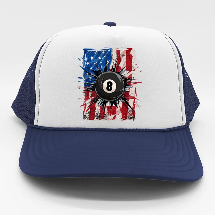 Pool Snooker Billiards Player 8 Ball Usa American Flag Trucker Hat