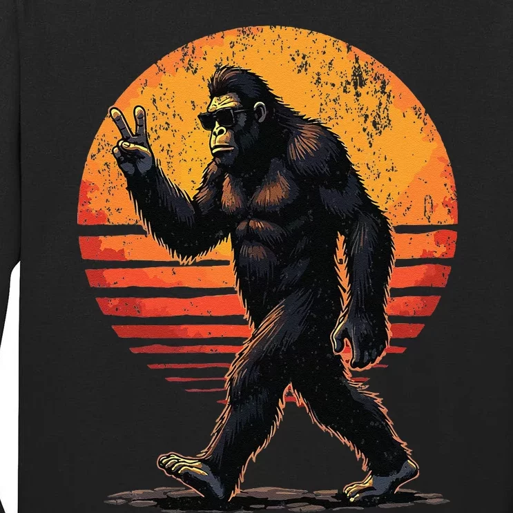 Peace Sign Bigfoot Sasquatch Sunset Graphic Funny Big Foot Gift Tall Long Sleeve T-Shirt