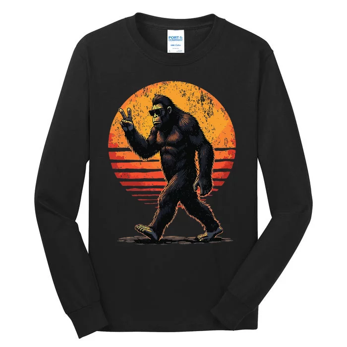 Peace Sign Bigfoot Sasquatch Sunset Graphic Funny Big Foot Gift Tall Long Sleeve T-Shirt