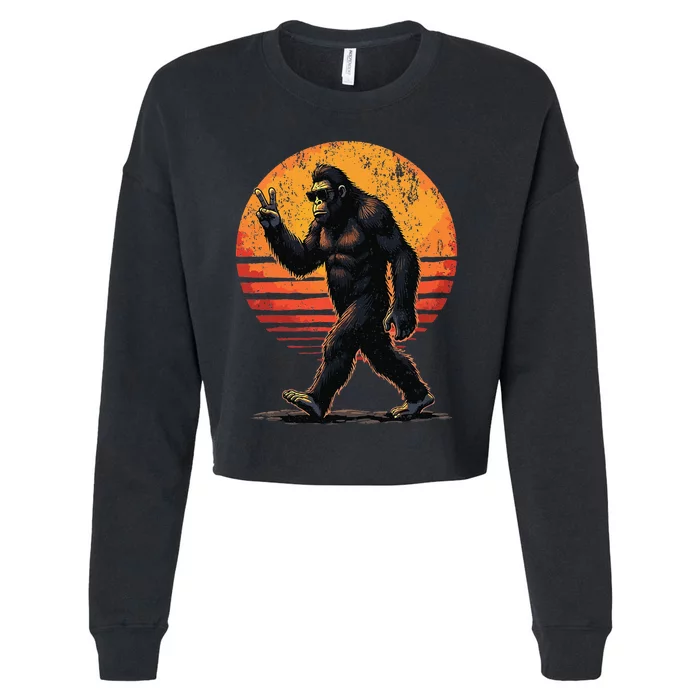 Peace Sign Bigfoot Sasquatch Sunset Graphic Funny Big Foot Gift Cropped Pullover Crew