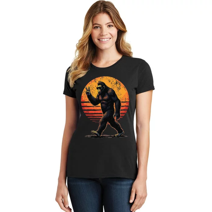 Peace Sign Bigfoot Sasquatch Sunset Graphic Funny Big Foot Gift Women's T-Shirt