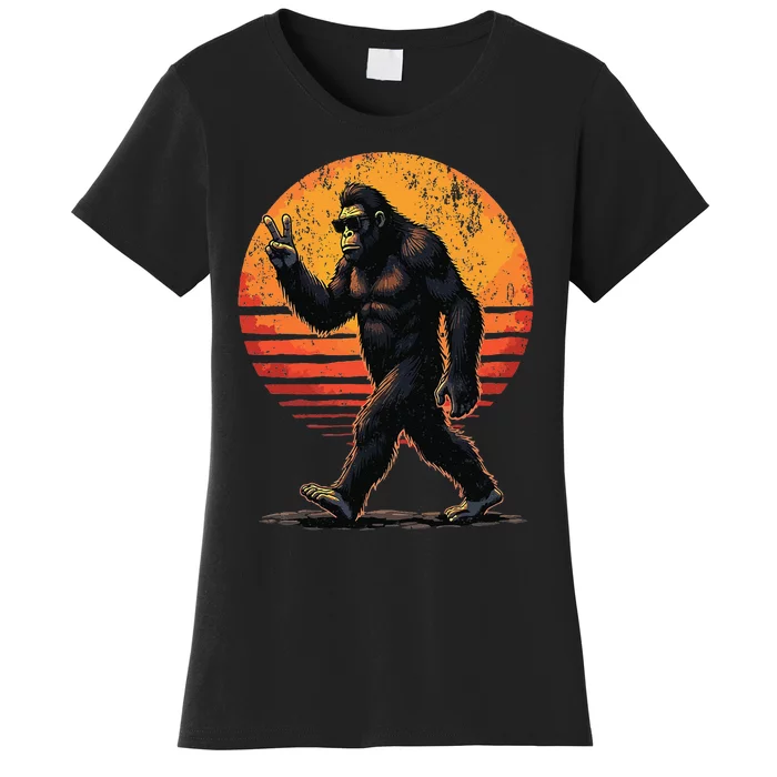 Peace Sign Bigfoot Sasquatch Sunset Graphic Funny Big Foot Gift Women's T-Shirt