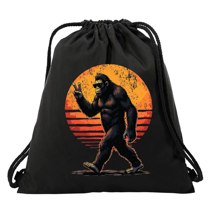 Peace Sign Bigfoot Sasquatch Sunset Drawstring Bag