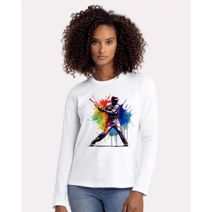 Paint Splash Baseball Player Gift For Fan Womens Cotton Relaxed Long Sleeve T-Shirt