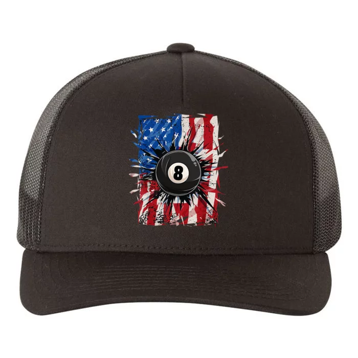 Pool Snooker Billiards Player 8 Ball USA American Flag Yupoong Adult 5-Panel Trucker Hat