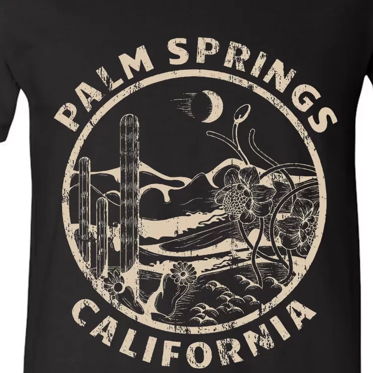 Palm Springs California Linocut Desert Illustration V-Neck T-Shirt