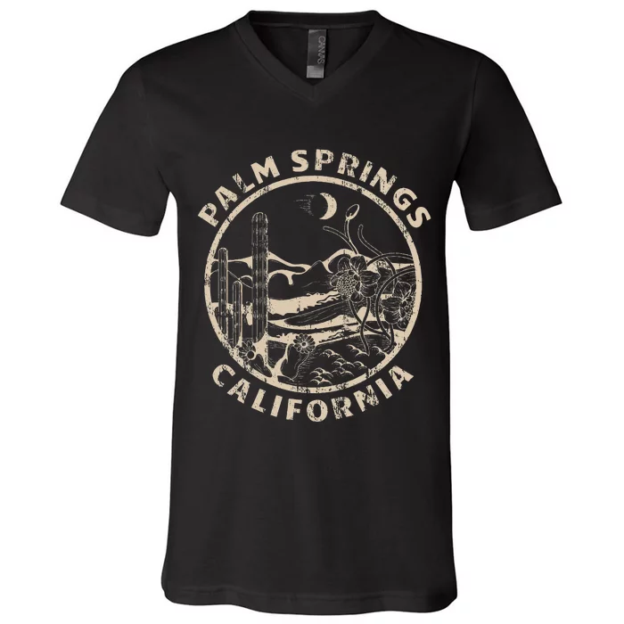 Palm Springs California Linocut Desert Illustration V-Neck T-Shirt