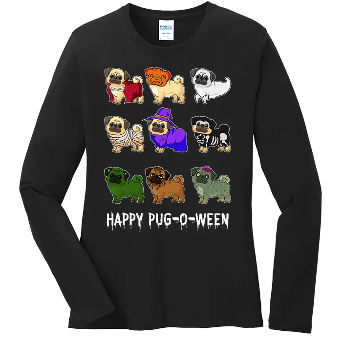 Pugoween Spooky Costume Happy Pug Halloween Gift Ladies Long Sleeve Shirt