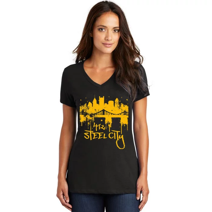 Pittsburgh Steel City Skyline Women's V-Neck T-Shirt