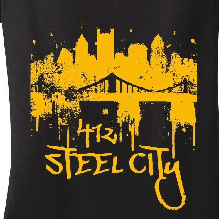 Pittsburgh Steel City Skyline Women's V-Neck T-Shirt