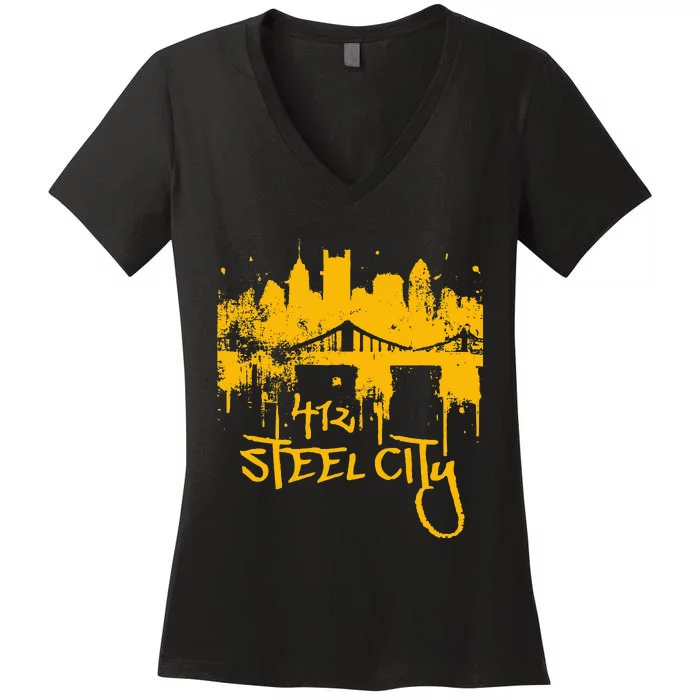 Pittsburgh Steel City Skyline Women's V-Neck T-Shirt