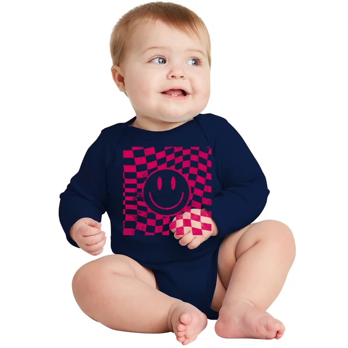 Pink Smile Checkered Retro Baby Long Sleeve Bodysuit