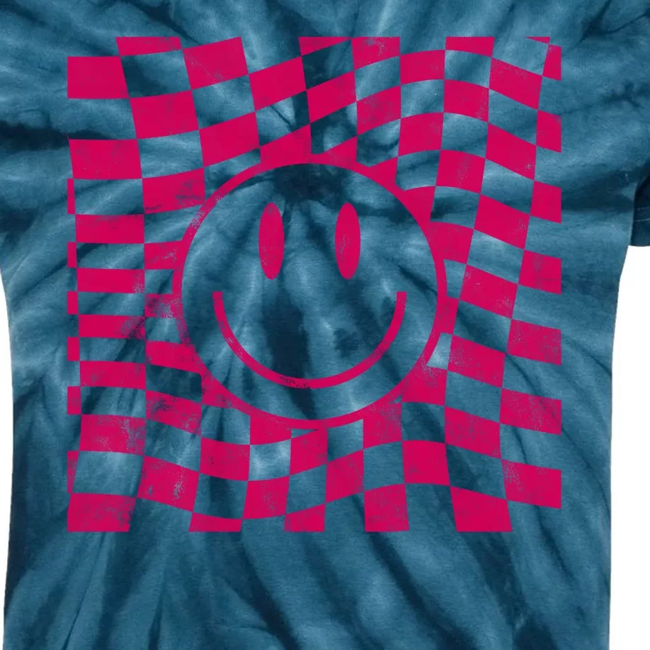 Pink Smile Checkered Retro Kids Tie-Dye T-Shirt