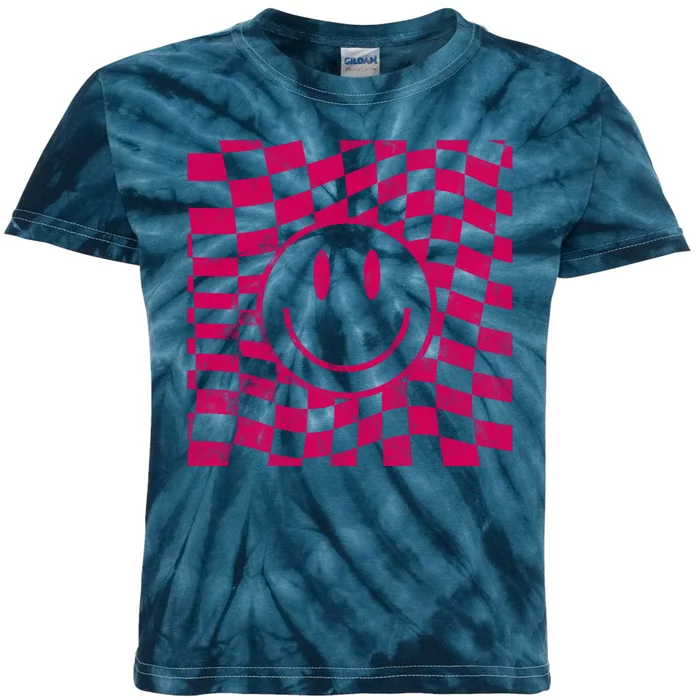 Pink Smile Checkered Retro Kids Tie-Dye T-Shirt