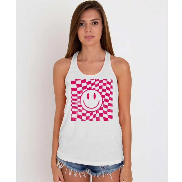 Pink Smile Checkered Retro Women's Knotted Racerback Tank