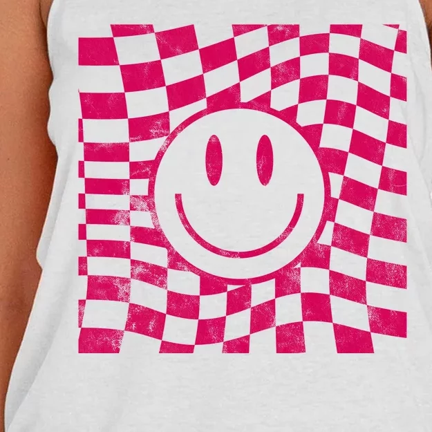 Pink Smile Checkered Retro Women's Knotted Racerback Tank