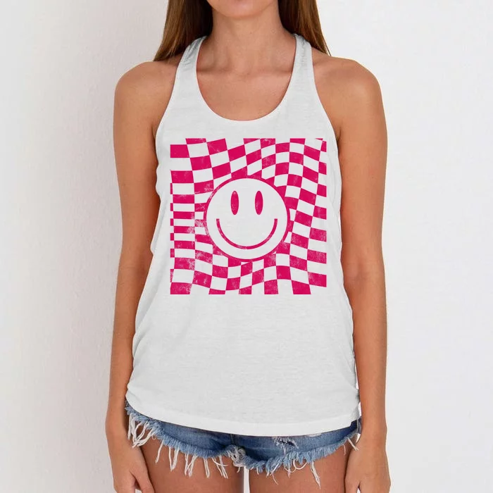 Pink Smile Checkered Retro Women's Knotted Racerback Tank