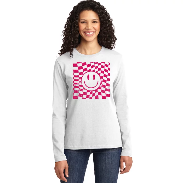 Pink Smile Checkered Retro Ladies Long Sleeve Shirt