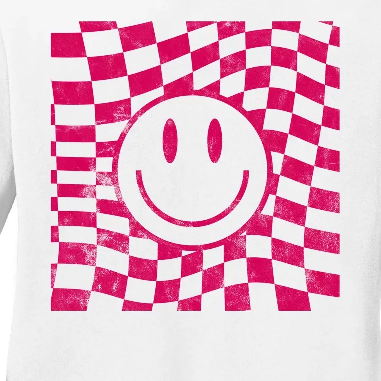 Pink Smile Checkered Retro Ladies Long Sleeve Shirt