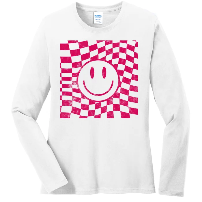 Pink Smile Checkered Retro Ladies Long Sleeve Shirt