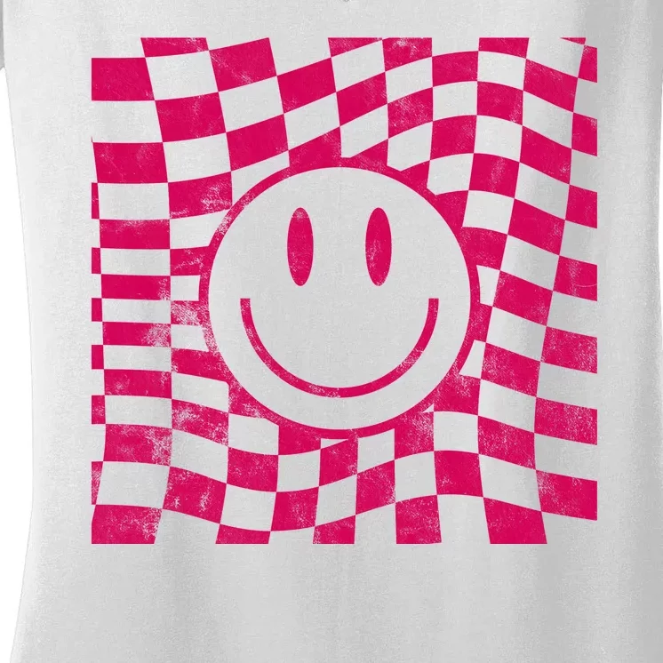 Pink Smile Checkered Retro Women's V-Neck T-Shirt