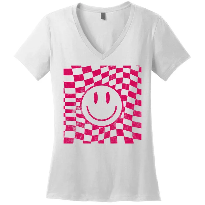 Pink Smile Checkered Retro Women's V-Neck T-Shirt