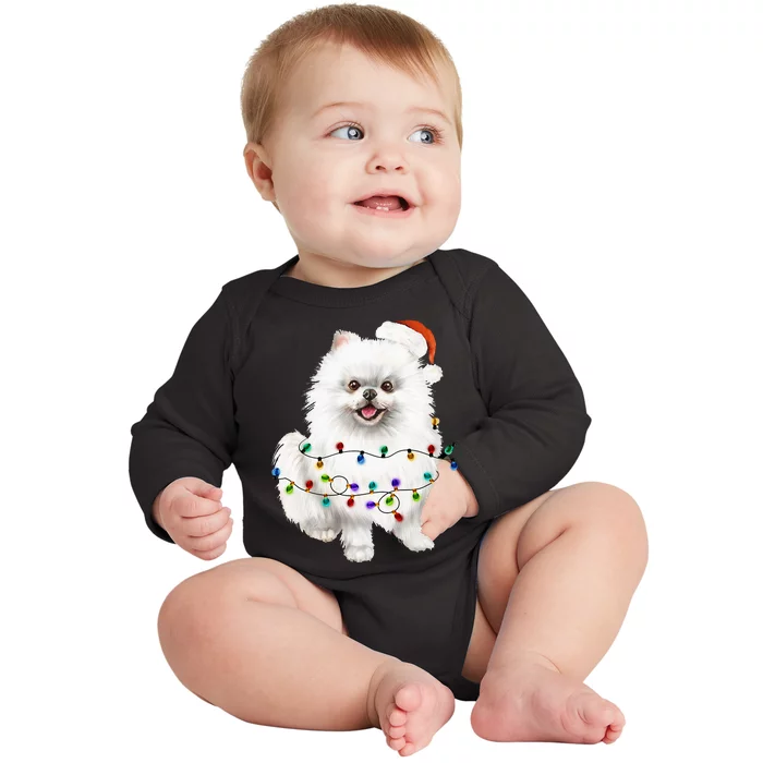 Pomeranian Santa Christmas Tree Lights Xmas Dog Lover Baby Long Sleeve Bodysuit