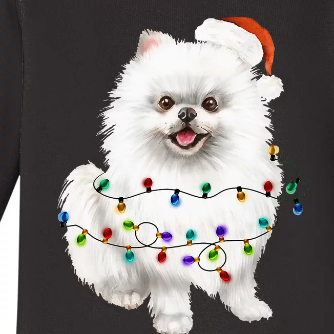 Pomeranian Santa Christmas Tree Lights Xmas Dog Lover Baby Long Sleeve Bodysuit