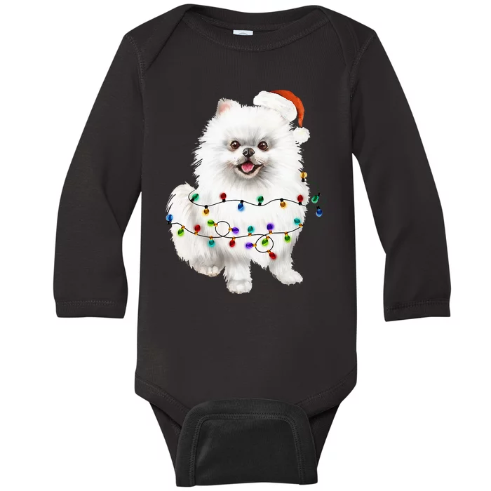 Pomeranian Santa Christmas Tree Lights Xmas Dog Lover Baby Long Sleeve Bodysuit