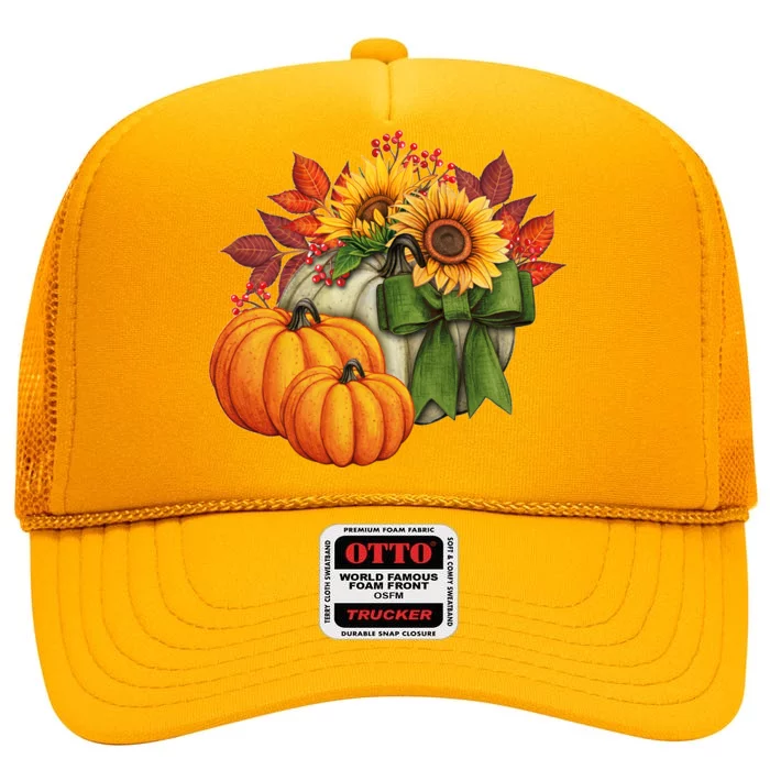 Pumpkin Sunflower Cute Floral Fall Autumn Season High Crown Mesh Trucker Hat