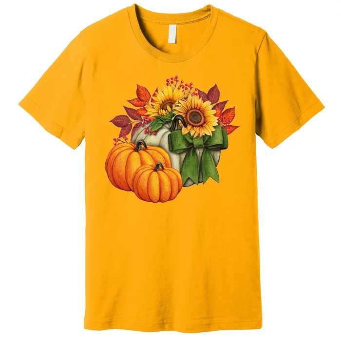 Pumpkin Sunflower Cute Floral Fall Autumn Season Premium T-Shirt