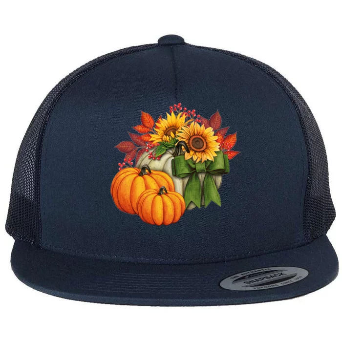 Pumpkin Sunflower Cute Floral Fall Autumn Season Flat Bill Trucker Hat