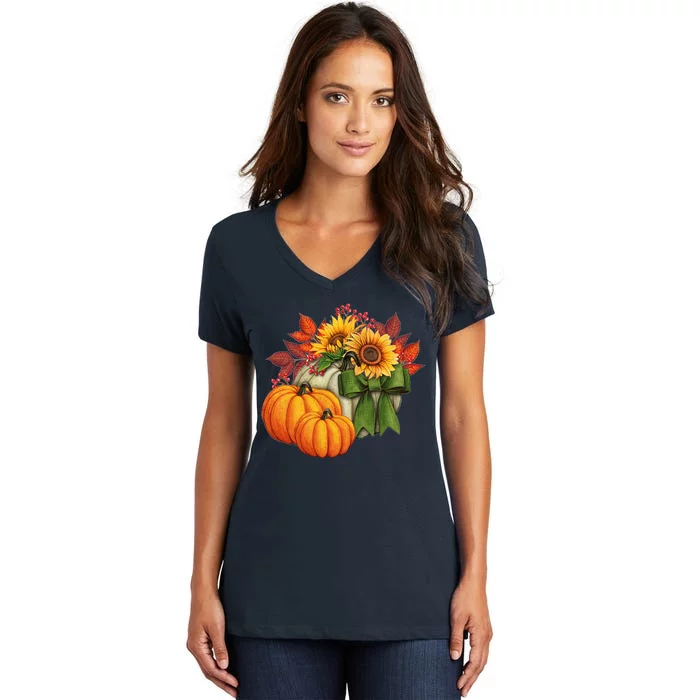 Pumpkin Sunflower Cute Floral Fall Autumn Season Women's V-Neck T-Shirt