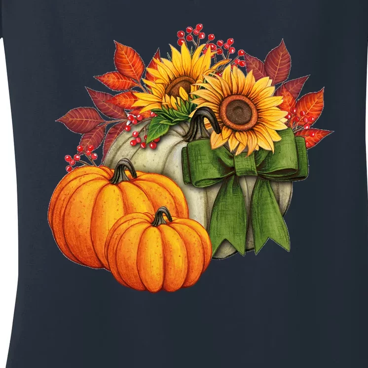 Pumpkin Sunflower Cute Floral Fall Autumn Season Women's V-Neck T-Shirt