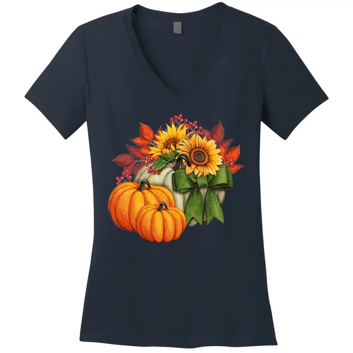 Pumpkin Sunflower Cute Floral Fall Autumn Season Women's V-Neck T-Shirt