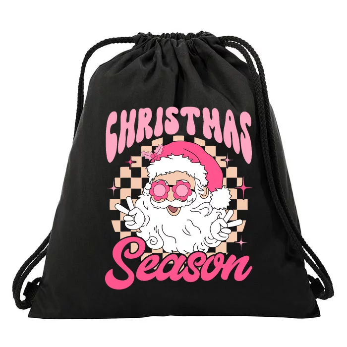 Pink Santa Claus Retro Christmas Season Pink Christmas Wo Drawstring Bag