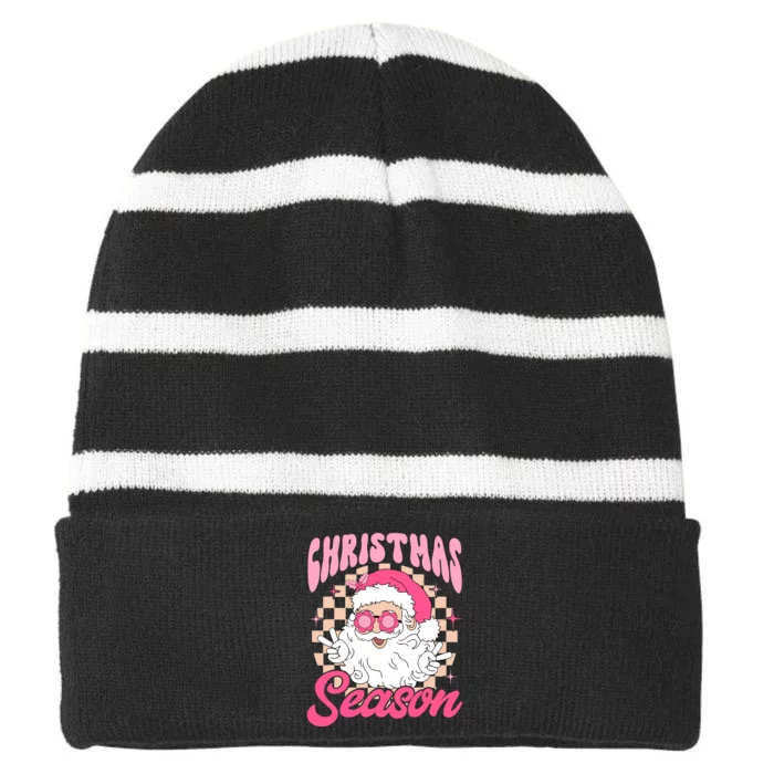 Pink Santa Claus Retro Christmas Season Pink Christmas Wo Striped Beanie with Solid Band