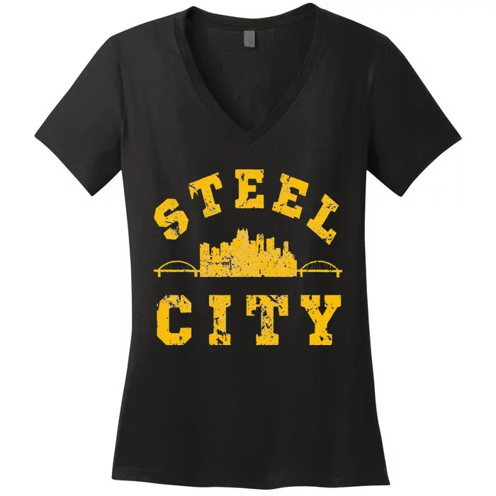 Pittsburgh Steel City Skyline Bridges 412 Home Vintage Women's V-Neck T-Shirt