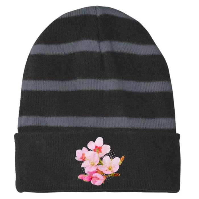 Pink Springtime Cherry Blossoms Sakura Striped Beanie with Solid Band