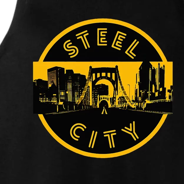 Pittsburgh Steel City Retro Skyline Bridge Pride Ladies Tri-Blend Wicking Tank