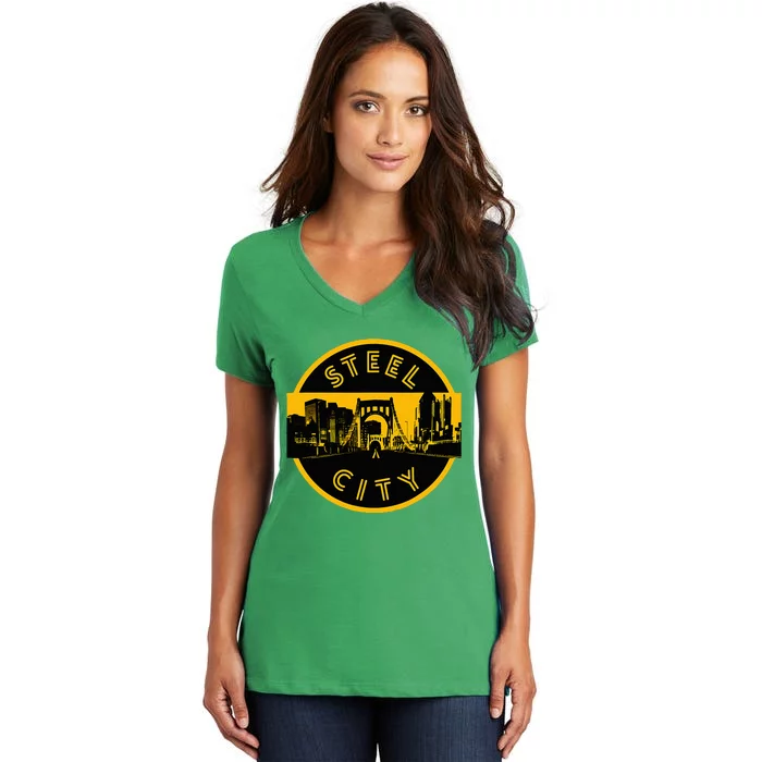 Pittsburgh Steel City Retro Skyline Bridge Pride Women's V-Neck T-Shirt