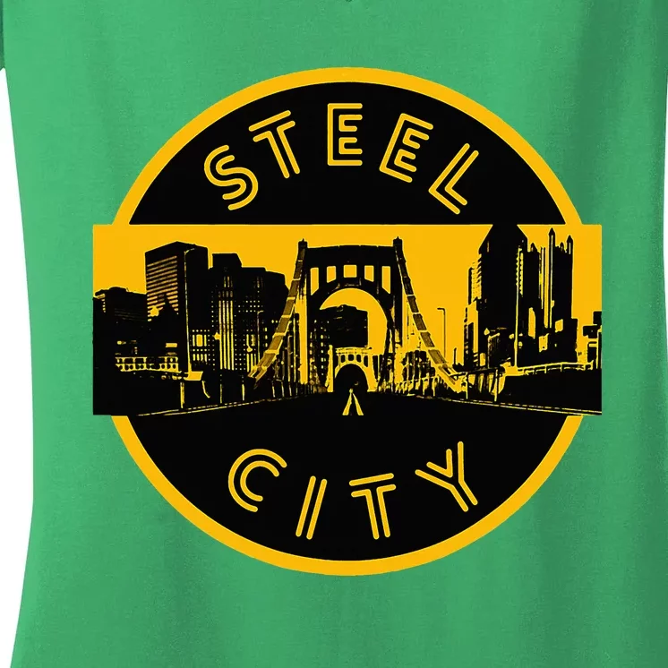 Pittsburgh Steel City Retro Skyline Bridge Pride Women's V-Neck T-Shirt