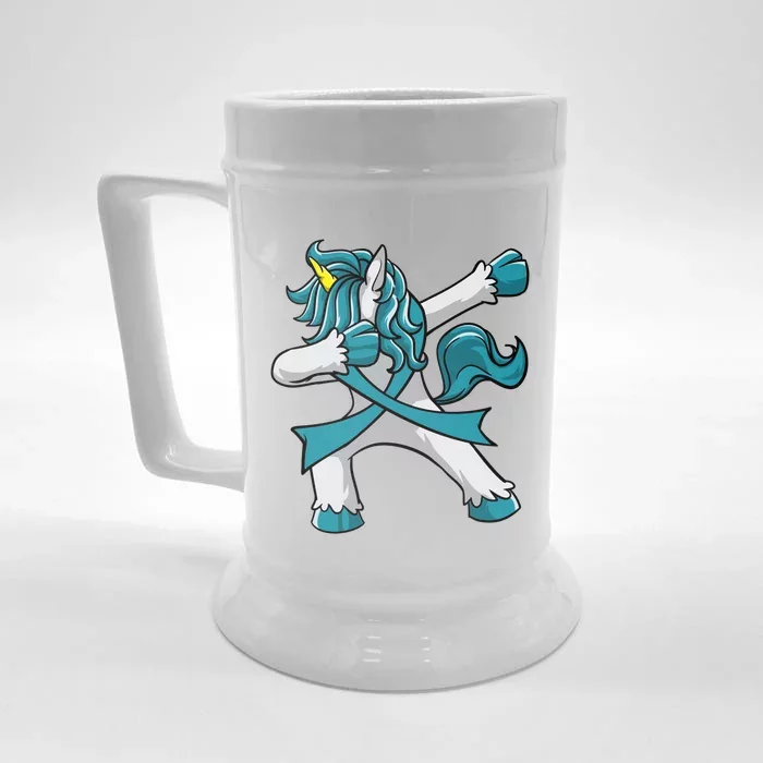 Posttraumatic Stress Disorder Awareness Unicorn Teal Ribbon Great Gift Front & Back Beer Stein