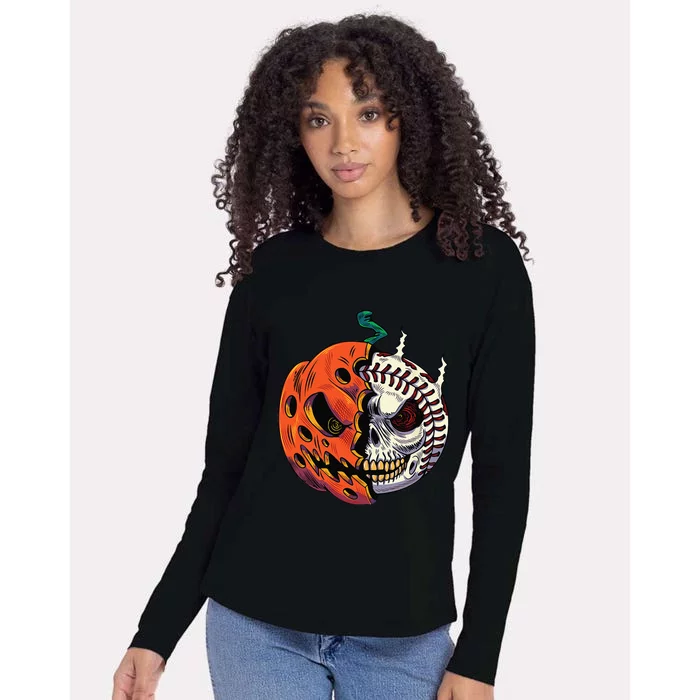 Pumpkin Skull Design For Funny Halloween Baseball Player Womens Cotton Relaxed Long Sleeve T-Shirt