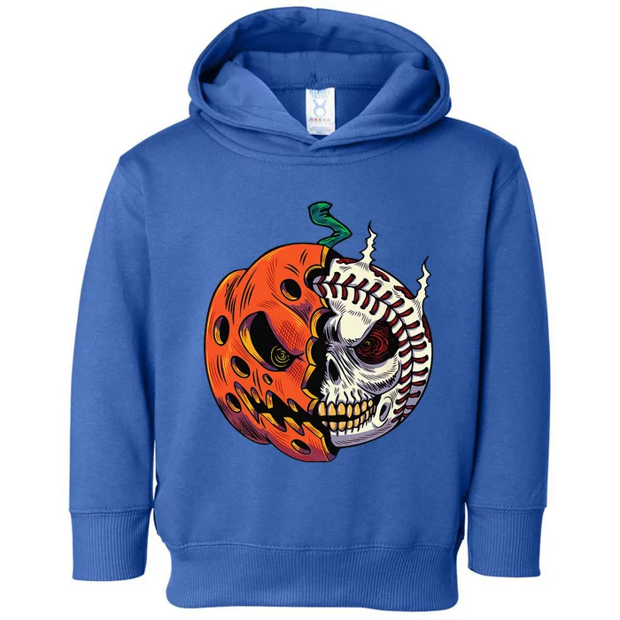 Pumpkin Skull Design For Funny Halloween Baseball Player Toddler Hoodie