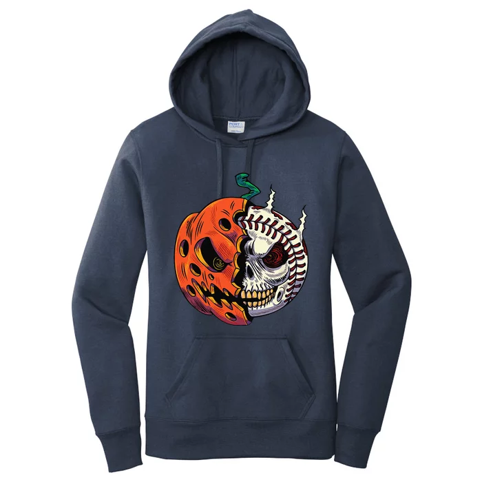 Pumpkin Skull Design For Funny Halloween Baseball Player Women's Pullover Hoodie