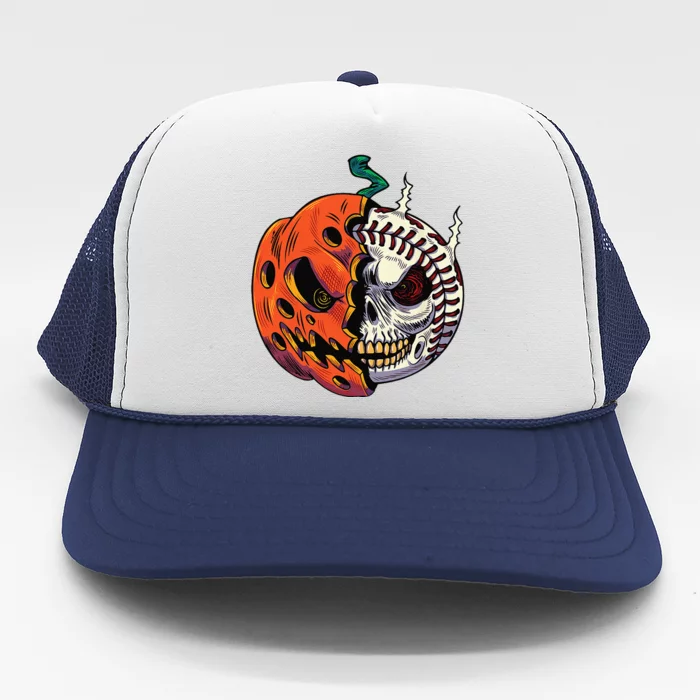 Pumpkin Skull Design For Funny Halloween Baseball Player Trucker Hat